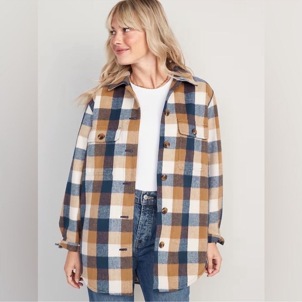 Old Navy Blue Tan White Plaid Utility Shacket Jacket Gorpcore Cabincore Size M - Picture 1 of 12